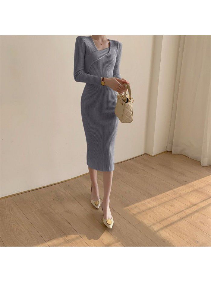 Autumn and Winter Cored Yarn Knitted Long Sleeve Dress V-neck Slim Fit Black Mid length Split Wrap Hip Skirt 