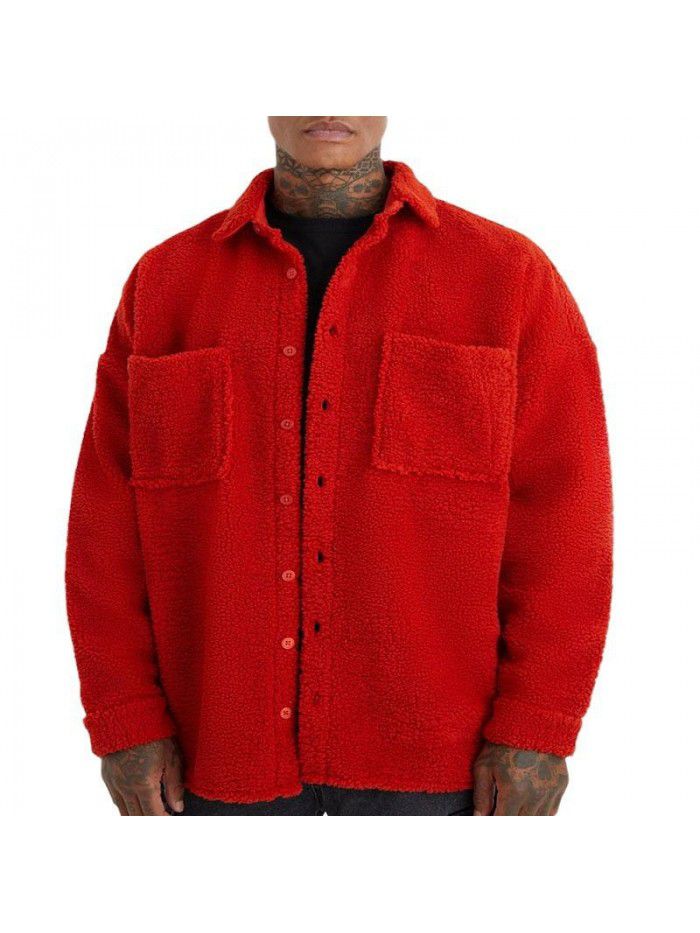Autumn and winter loose button down lapel solid color cardigan jacket men's plush coat