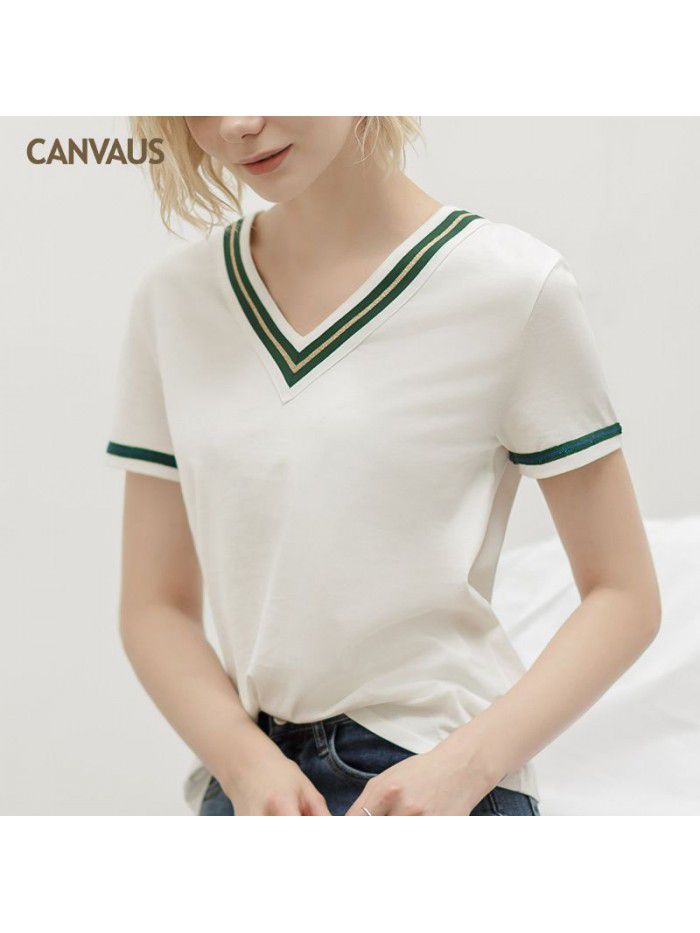 Summer New Cotton V-Neck Ribbon Loose European and American Temperament Short Sleeve T-shirt Women's Top 