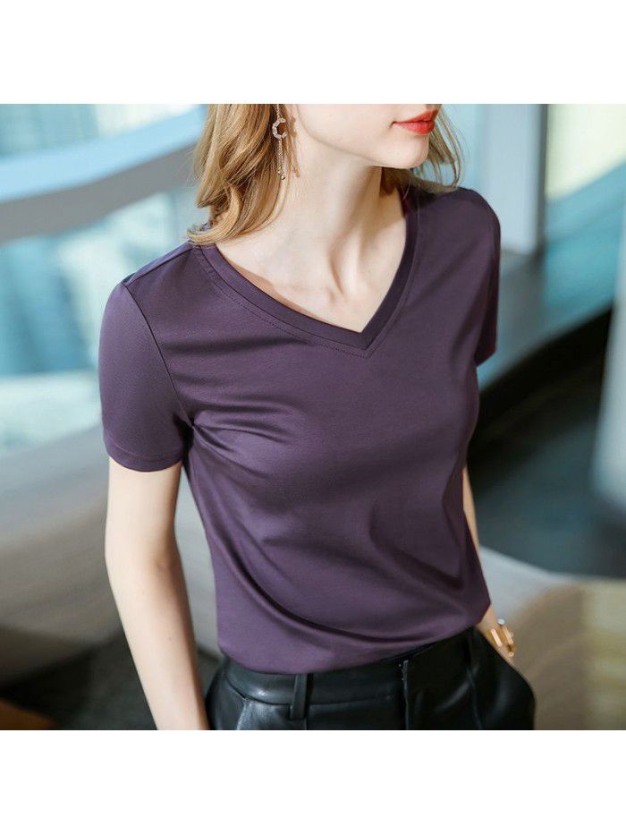 Ice feeling mercerized cotton short-sleeved t-shirt women's new style women's temperament v-neck pure cotton t-shirt pure color high-grade top 