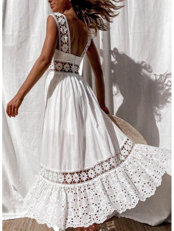 New European and American Fashion Lace Sleeveless Panel Large Swing Long Dress Dress 
