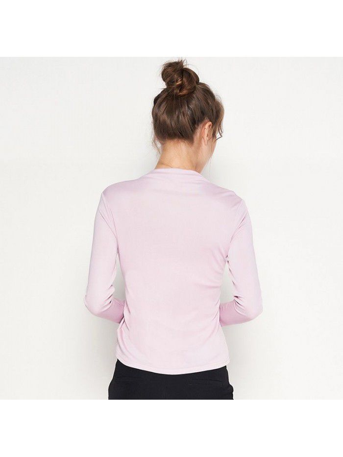 Autumn New Silk Bottom Shirt Women's Long Sleeve T-shirt Silk Drawstring Slim Fit Medium High Neck Top 