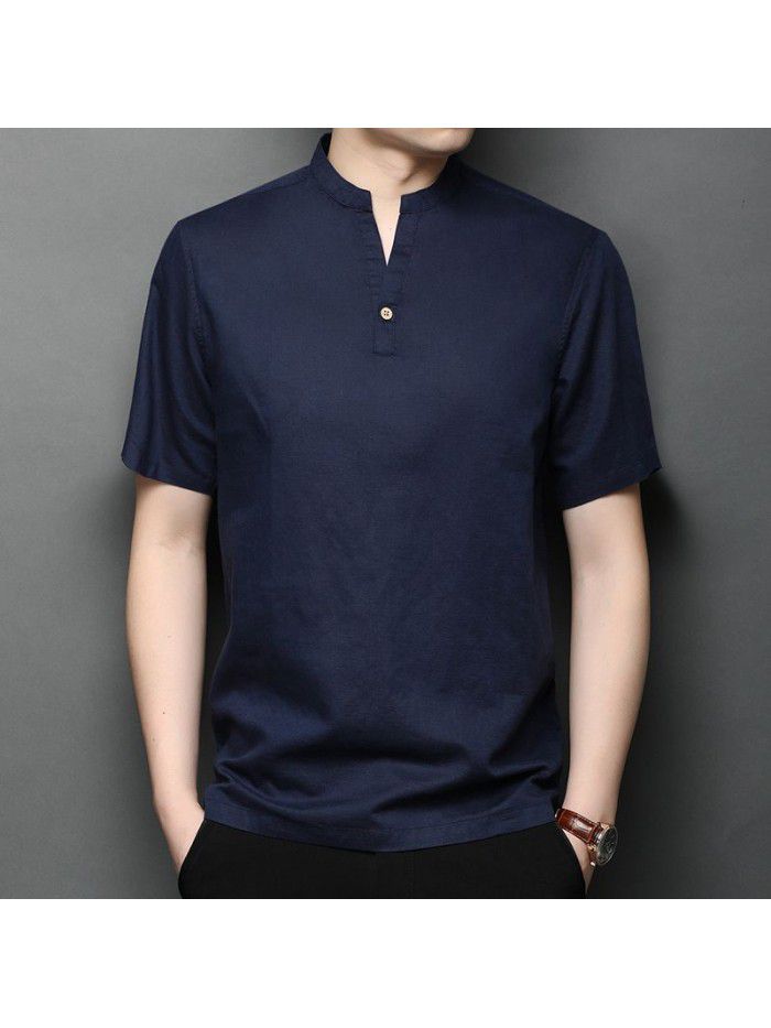 New Summer Men's Linen T-shirt Solid Fit Short Sleeve Casual 