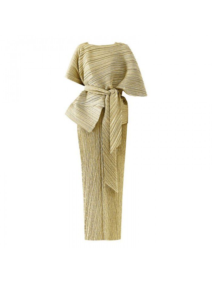 Summer New Two Piece Set Temperament Women's Slim Fit Long Party Fashion Pleated Dress 