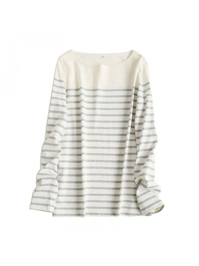 New coarse cotton striped T-shirt for women with long sleeved tops and autumn bottoms for women with loose spring and autumn bottoms for women 