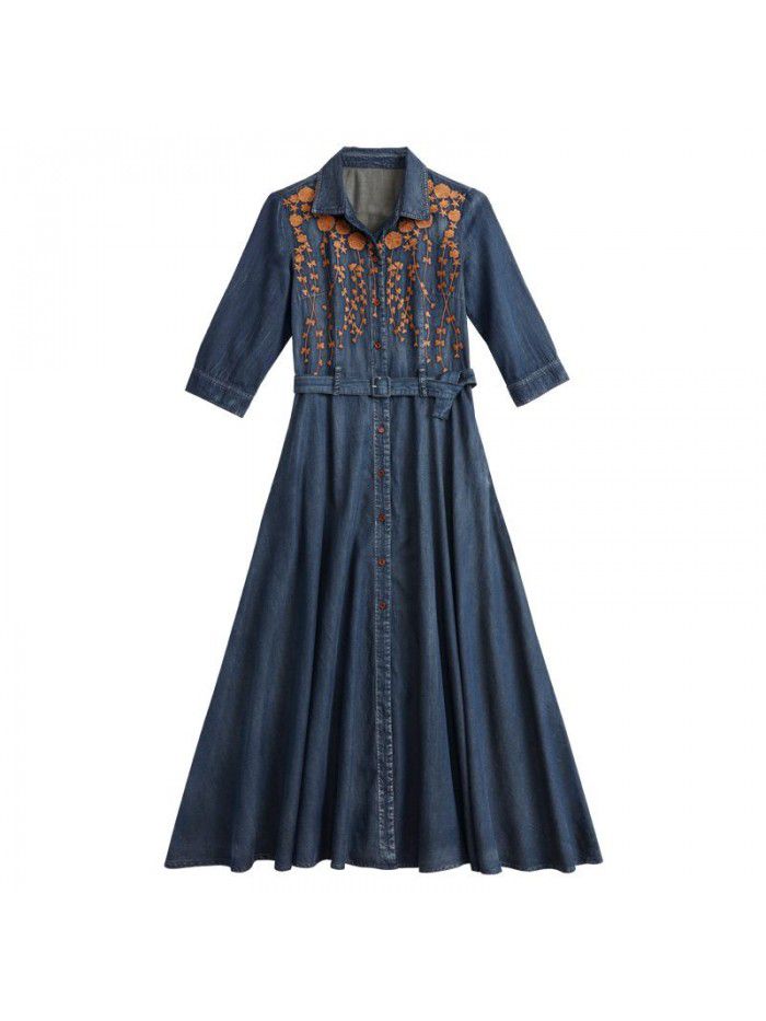 Vintage embroidery lapel belt temperament denim skirt mid length slimming autumn dress 