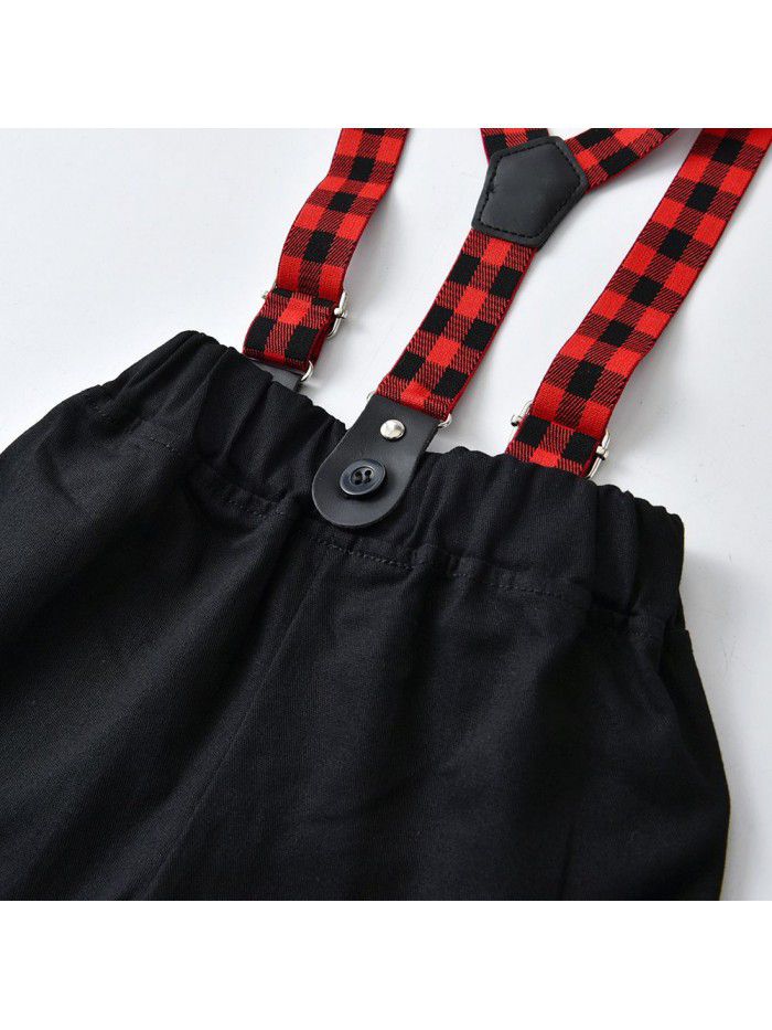 Baby Boys Fall Long Sleeve T-shirt Strap Pants Boys Set Gentleman Bowtie Cotton Creeper 