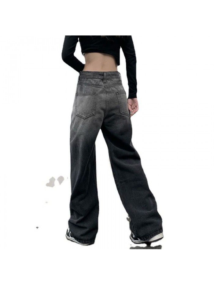 Elastic Gradient Straight Leg Jeans Women's High Waist Slim Wide Leg Pants 