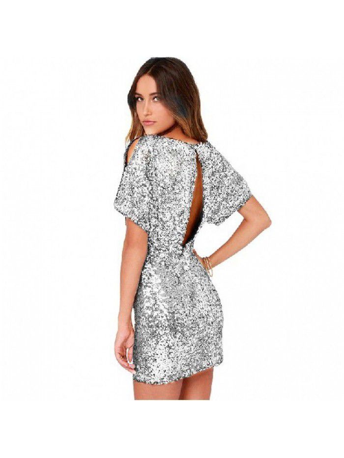 Golden sequin slimming and slimming, revealing shoulder bag and buttocks dress, sexy nightclub split back dress, short skirt for women 