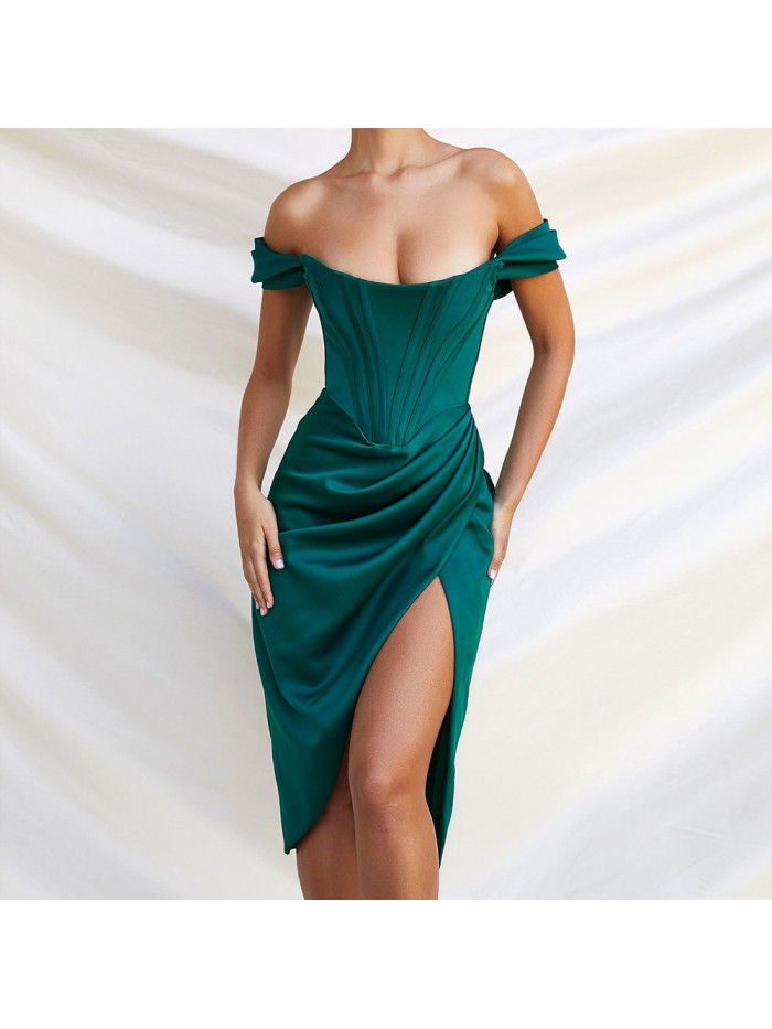 Women's New Product Shoulder Blaster, Fish Bone Slim Fit, Split Solid Color, Foreign Trade Fashion, Sexy European and American Dress 