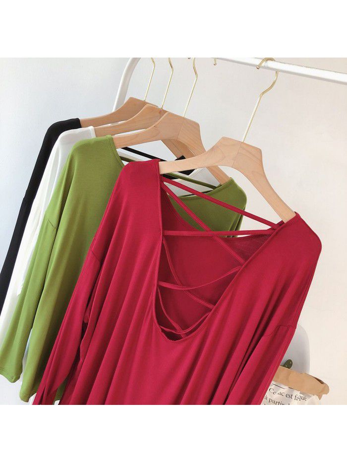 Sexy backless long sleeved T-shirt for women, loose fitting large size Korean autumn outfit, solid color drape, lazy dance dress 