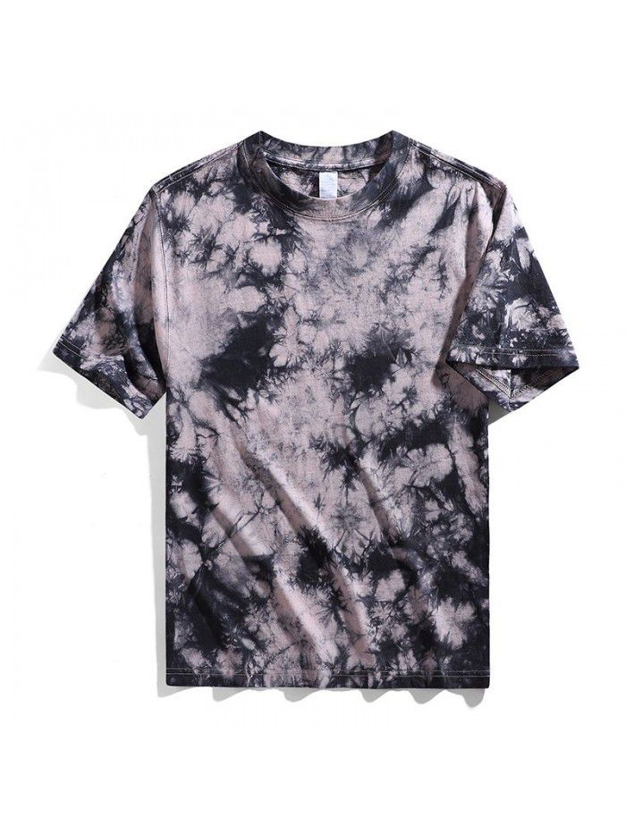 Men's tie dyed t-shirt, shoulder length, pure cotton loose short sleeved men's heavy duty t-shirt, round neck, trendy brand top
