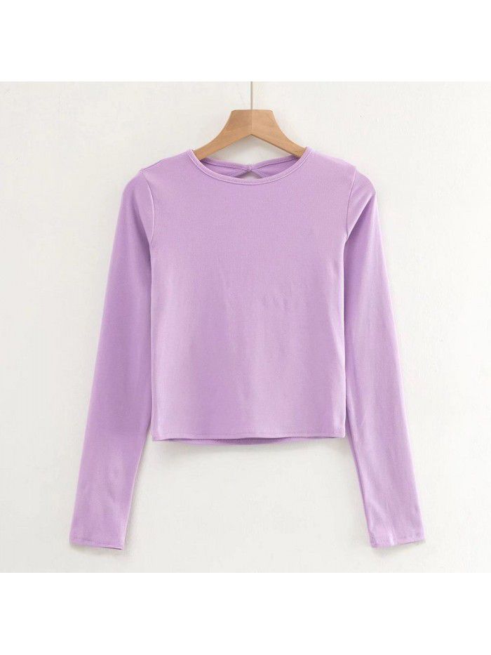 Long sleeve T-shirt sexy water drop large open back fashion women's autumn and winter solid color round neck short slim top 