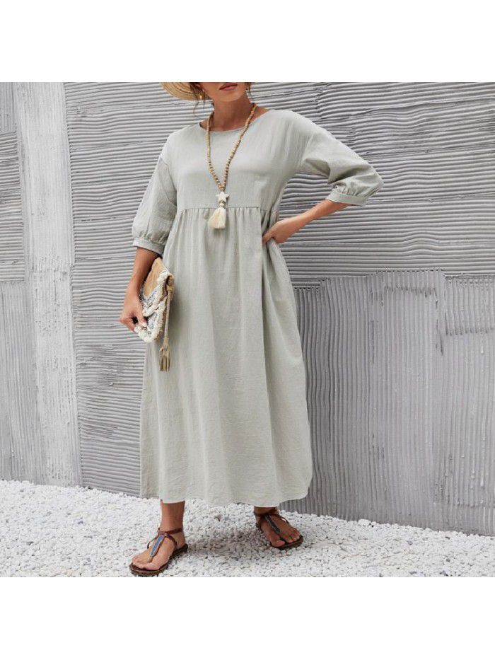 New Women's Solid Color Fashion Lantern Sleeves Loose Cotton Linen Pocket Dress 