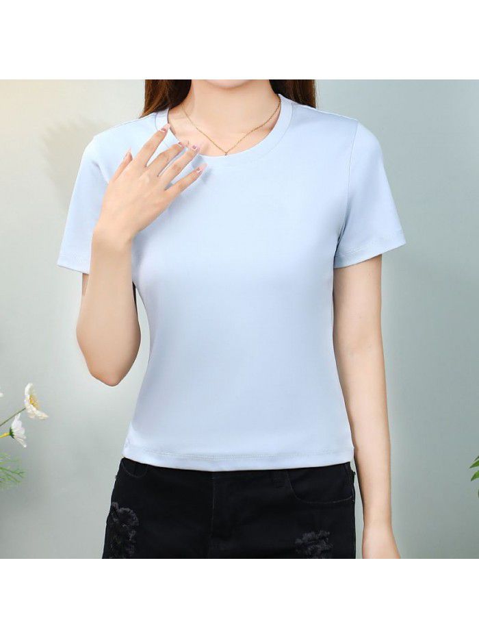 T-shirt Women's Short Cotton High Waist Summer Loose Simple Round Neck Korean Versatile Solid Color T-shirt 