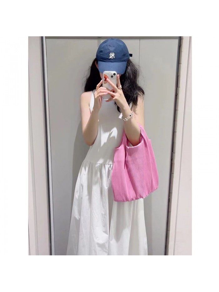 Spring/Summer New Two Color Casual Edition Solid Round Neck Needle Shuttle Panel Tank Top Long Dress 