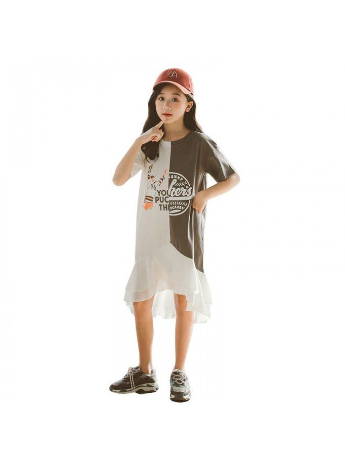 Summer Mid sized Girls' and Girls' Clothing Color Matching Letter T-shirt Short Sleeve Dress Children's Dress Parent-child Dress 