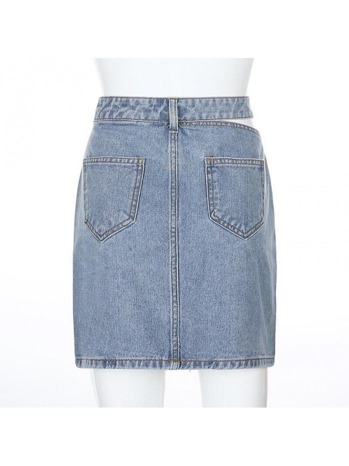 New Unilateral Hollow out Denim Skirt High Waist Slim Casual Wrapped Hip Denim Skirt Short Skirt for Women 