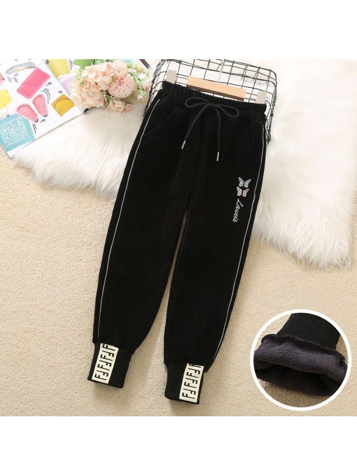 Girls' embroidered pants autumn and winter new plush and thickened leggings Chinese children's Korean casual pants sports pants 