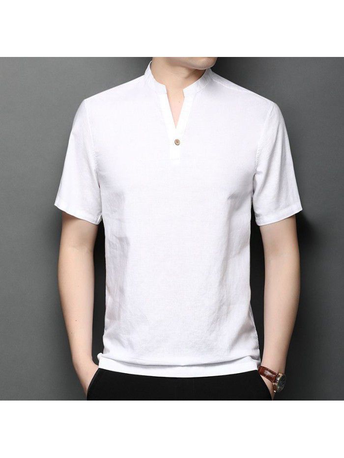 New Summer Men's Linen T-shirt Solid Fit Short Sleeve Casual 