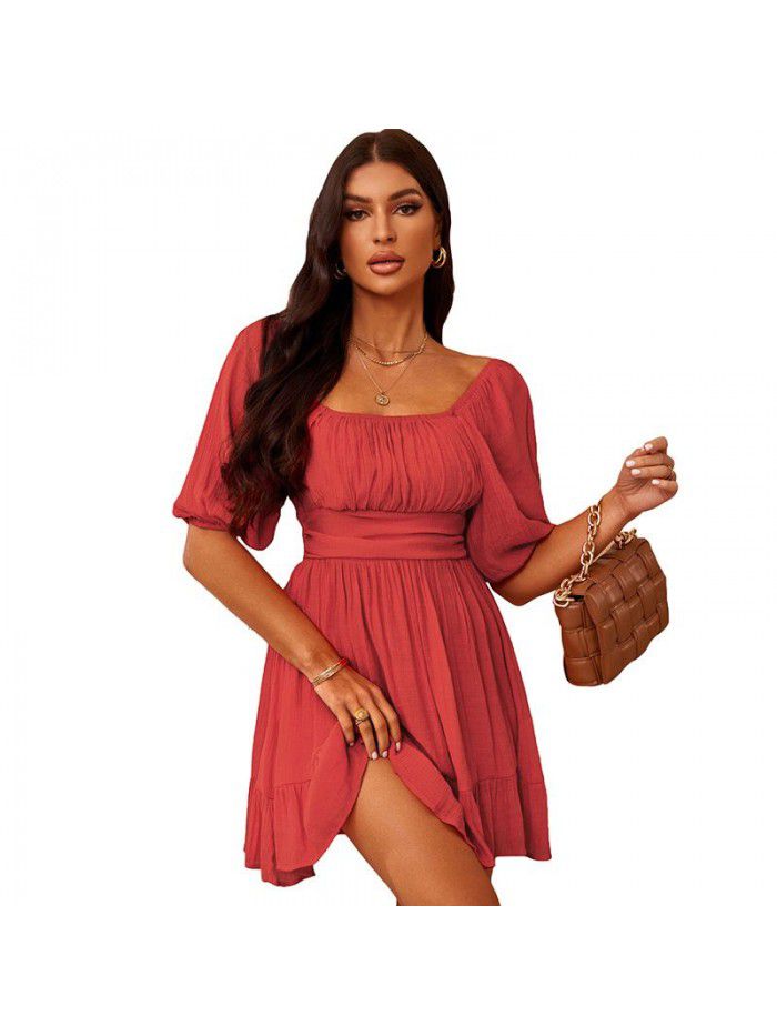 Dress Women's New Summer Off Shoulder Solid Color Lacing Ruffle Sleeves Casual Dress Women