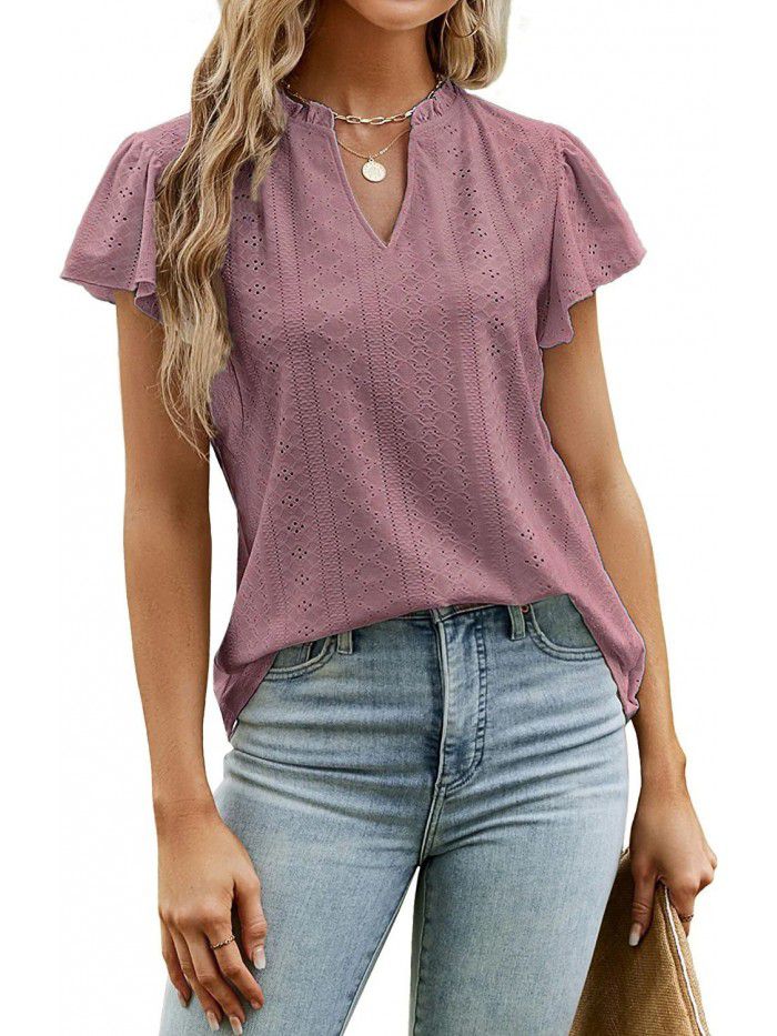 Spring/Summer Loose Solid V-Neck Ruffle Sleeve Jacquard T-shirt Women's Top 