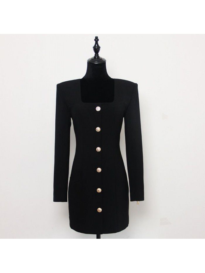 Spring and Autumn New Fashion Solid Color Square Neck Single breasted Long Sleeve Zipper Short Women's Dress 