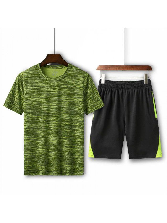 Summer men's loose fitting T-shirt running casual short sleeved round neck quick drying shorts sports set