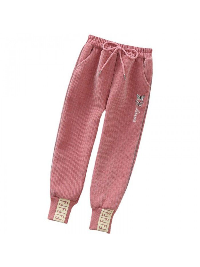 Girls' embroidered pants autumn and winter new plush and thickened leggings Chinese children's Korean casual pants sports pants 