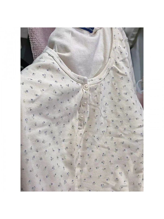 New Little Fresh Fragmented Flower Top Three Button Short Sleeve Round Neck T-shirt 