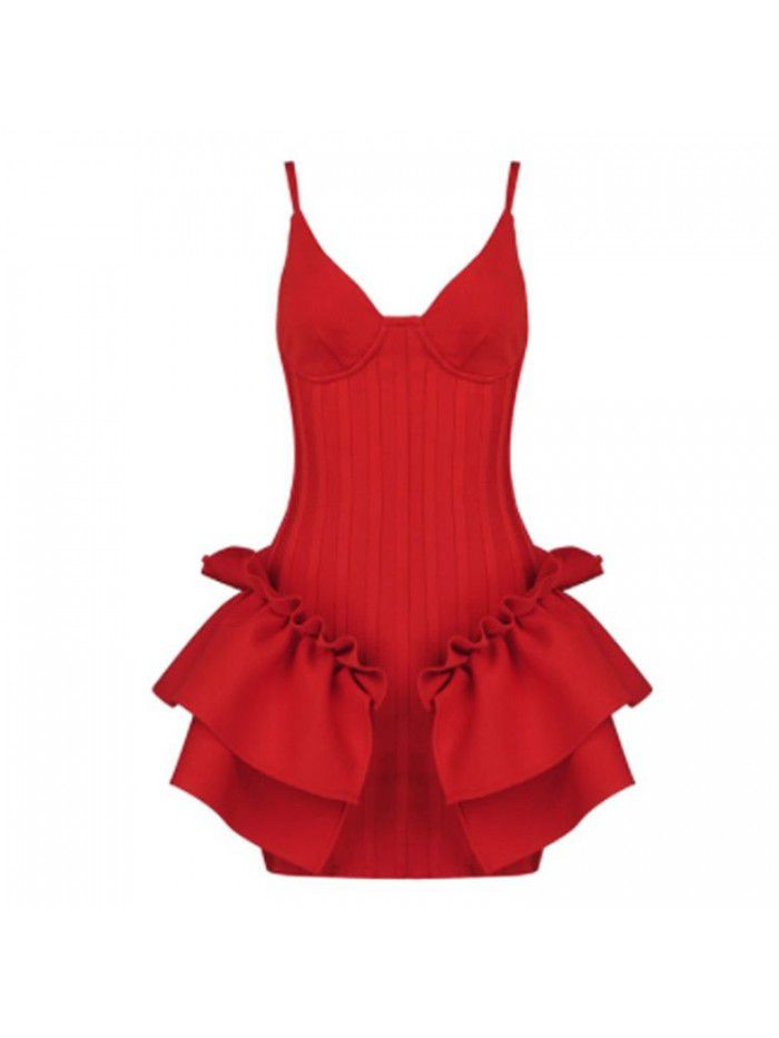 Women's suspender V-neck ruffled edge, European and American sexy leaky back party, mini buttocks dress wholesale and retail 
