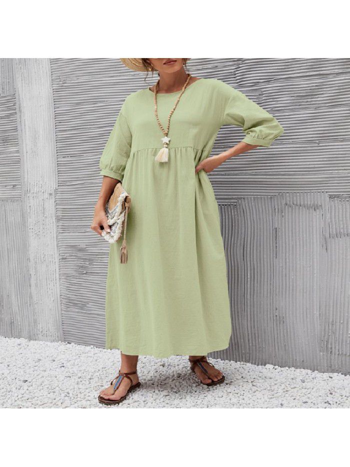 New Women's Solid Color Fashion Lantern Sleeves Loose Cotton Linen Pocket Dress 