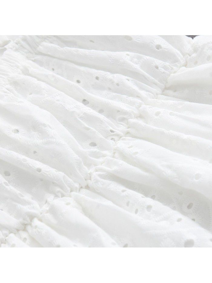 Small fresh seaside resort v-neck waist beach skirt fairy temperament cotton lace open back suspender dress 