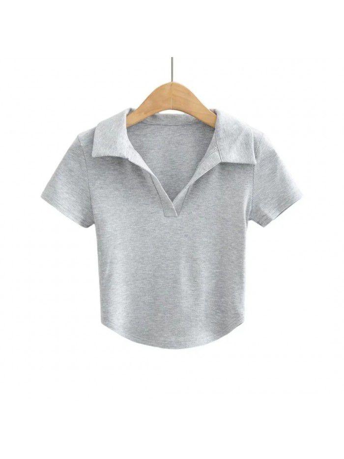 Summer New Pure Lust Style Slim Fit Short Polo Collar Solid Short Sleeve T-shirt Women 