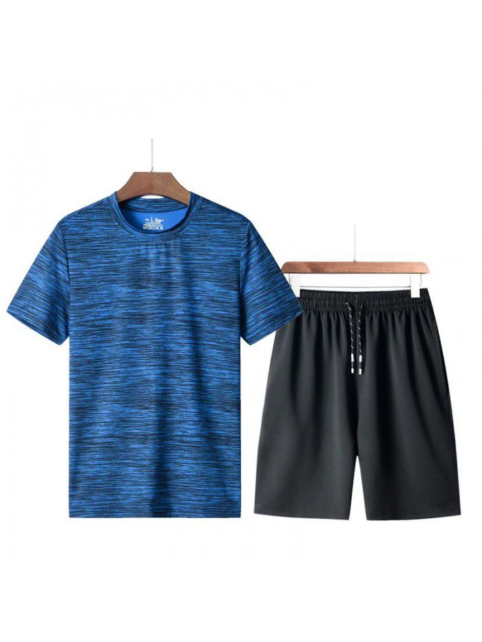 Summer men's loose fitting T-shirt running casual short sleeved round neck quick drying shorts sports set