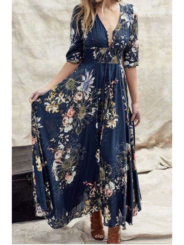 Personalized print design V-neck sexy dress 
