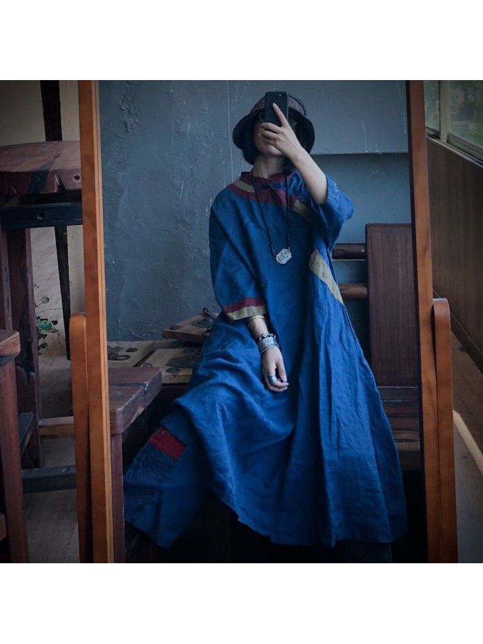 Vintage patch washed pure linen loose fitting dress gown 