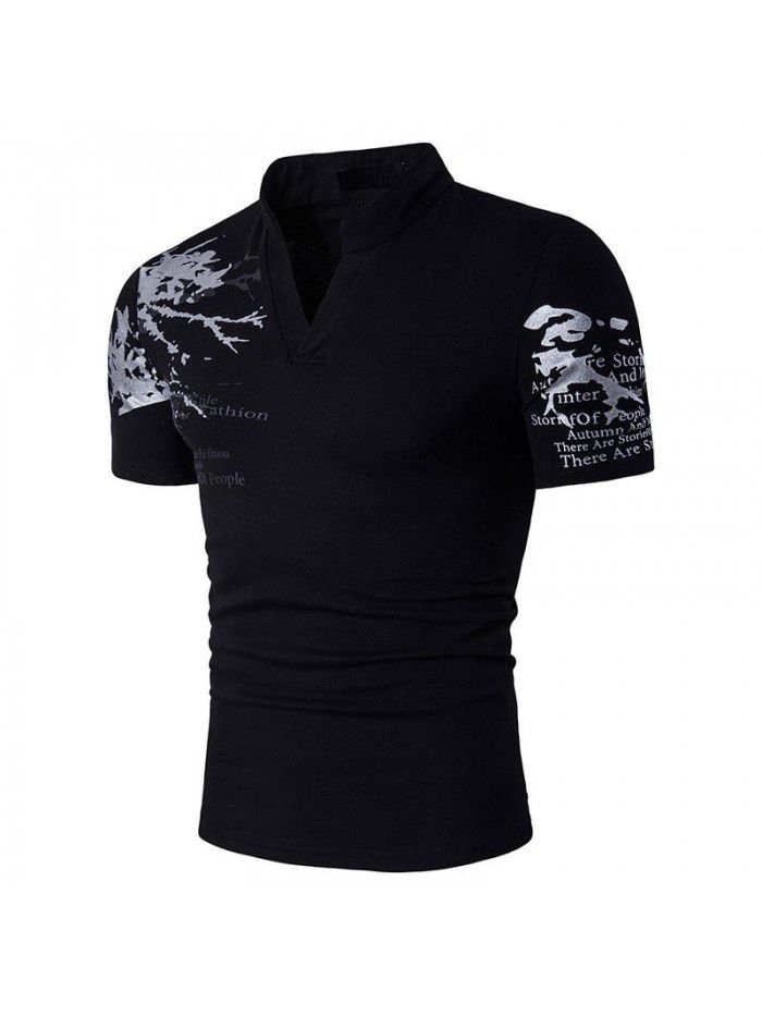 New men's European and American style printed Henry standing neck short sleeve large T-shirt 
