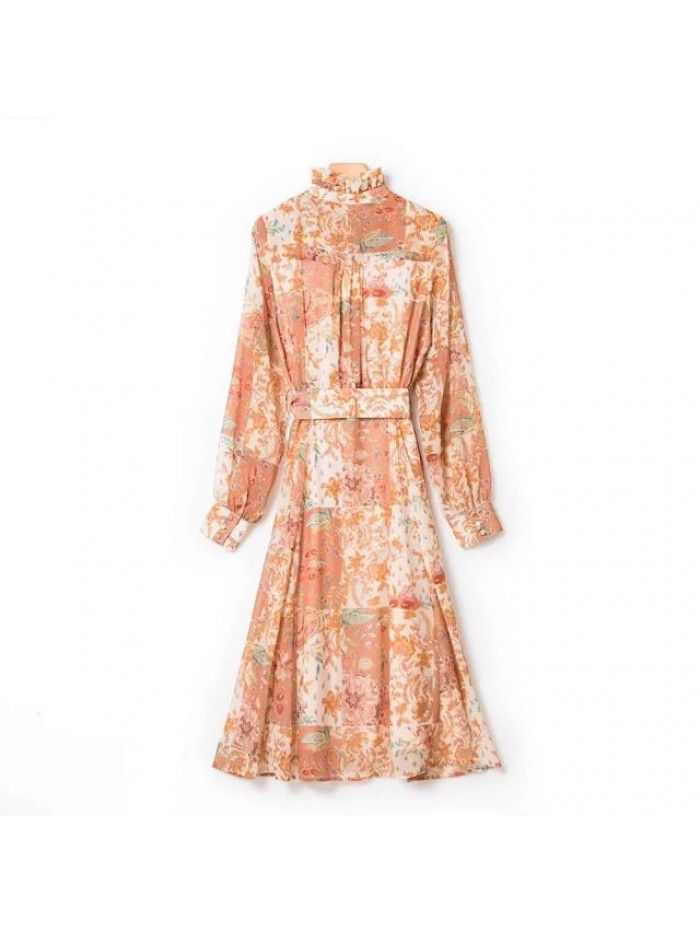 Spring/Summer New Wooden Ear Collar Print Mid length Holiday Style Belt Dress 