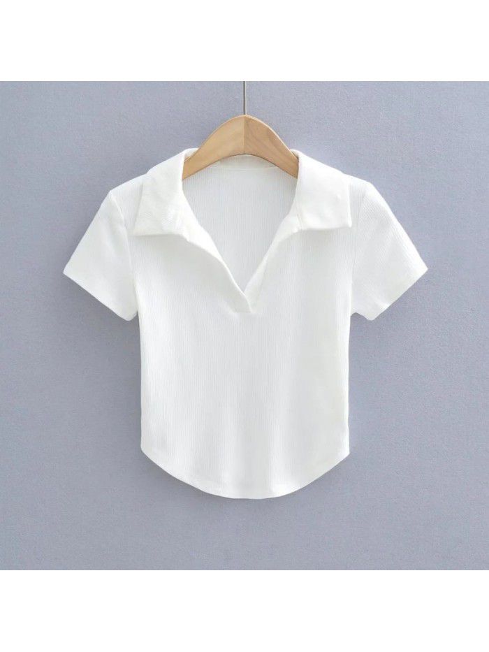 Summer New Pure Lust Style Slim Fit Short Polo Collar Solid Short Sleeve T-shirt Women 