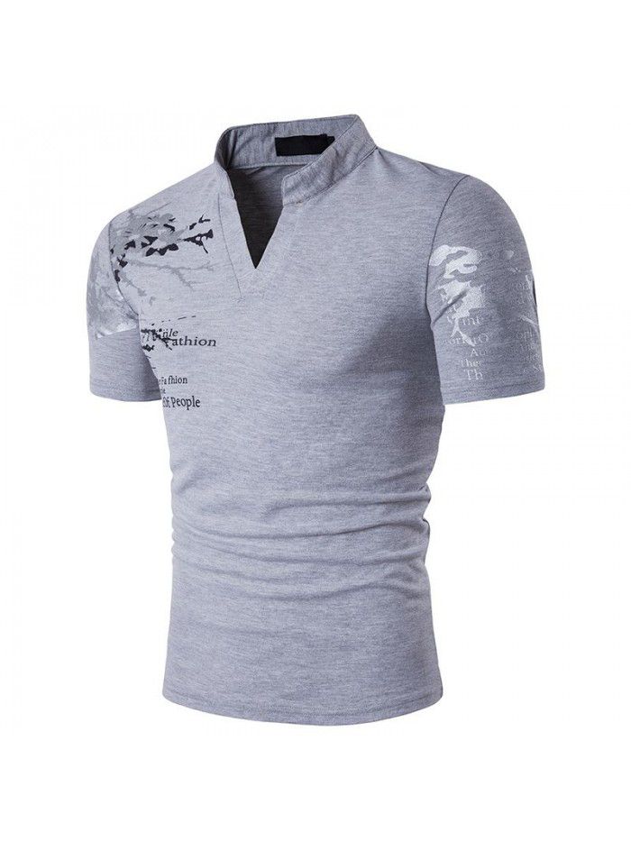 New men's European and American style printed Henry standing neck short sleeve large T-shirt 