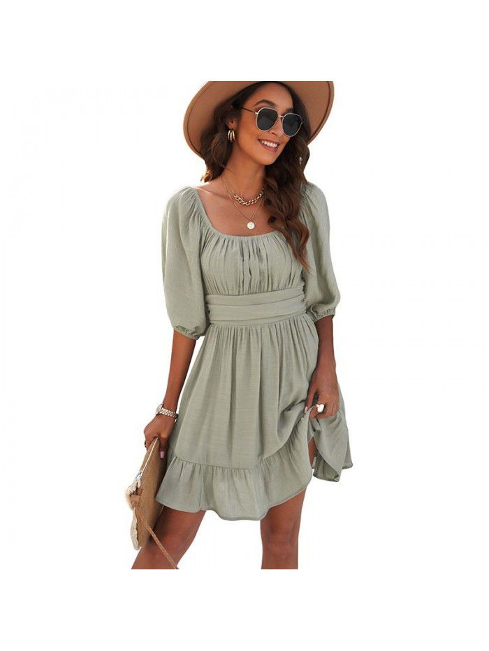 Dress Women's New Summer Off Shoulder Solid Color Lacing Ruffle Sleeves Casual Dress Women
