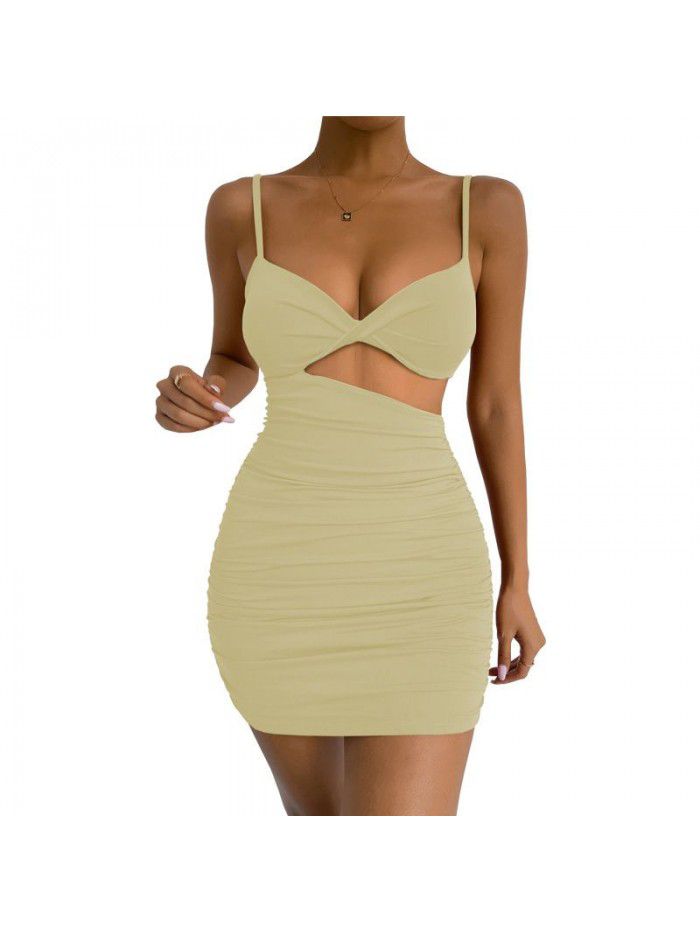 Women's Open Waist Suspended Dress Sexy Slim Fit Pleated Wrapped Hip Dress 