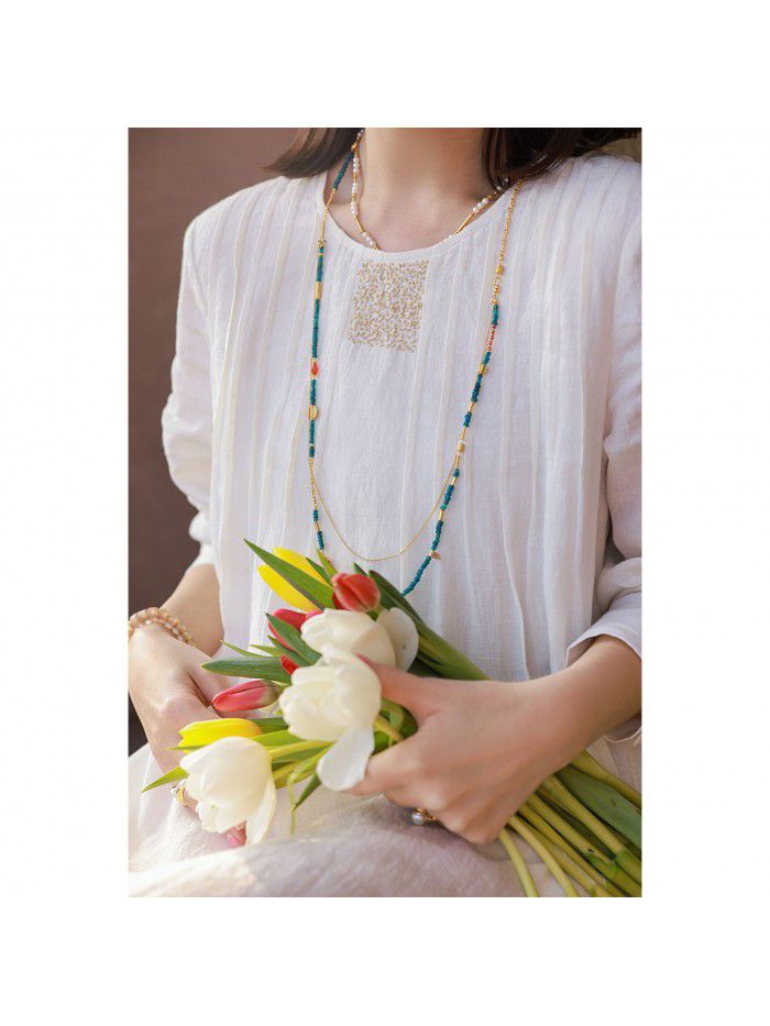 Spring Sand Wash Linen Double Layer Immortal Air Handmade Sesame Embroidery Slim Long Dress Loose Fit 