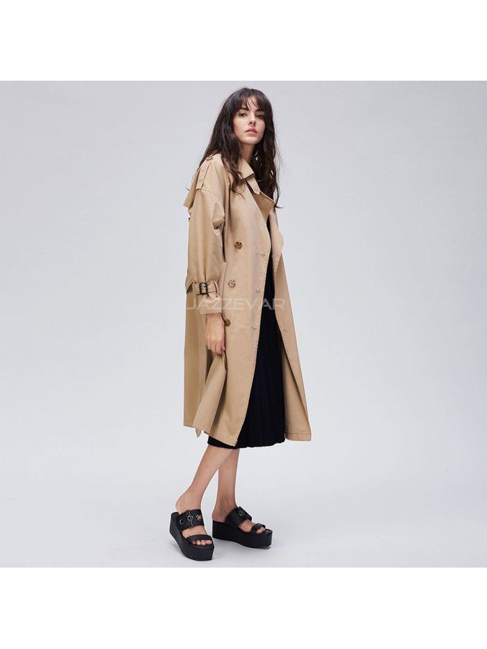 New loose and oversized casual double breasted pure cotton washed long windbreaker women's autumn coat women's coat