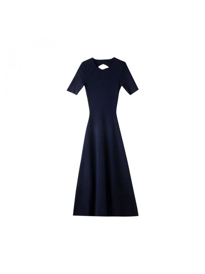 Spring/Summer New Open Back Mid length Knitted Dress Round Neck A-line Waist Waist Large Swing Long Dress 