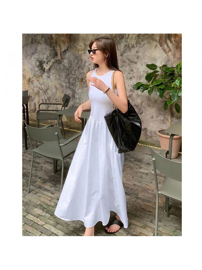 Spring/Summer New Two Color Casual Edition Solid Round Neck Needle Shuttle Panel Tank Top Long Dress 