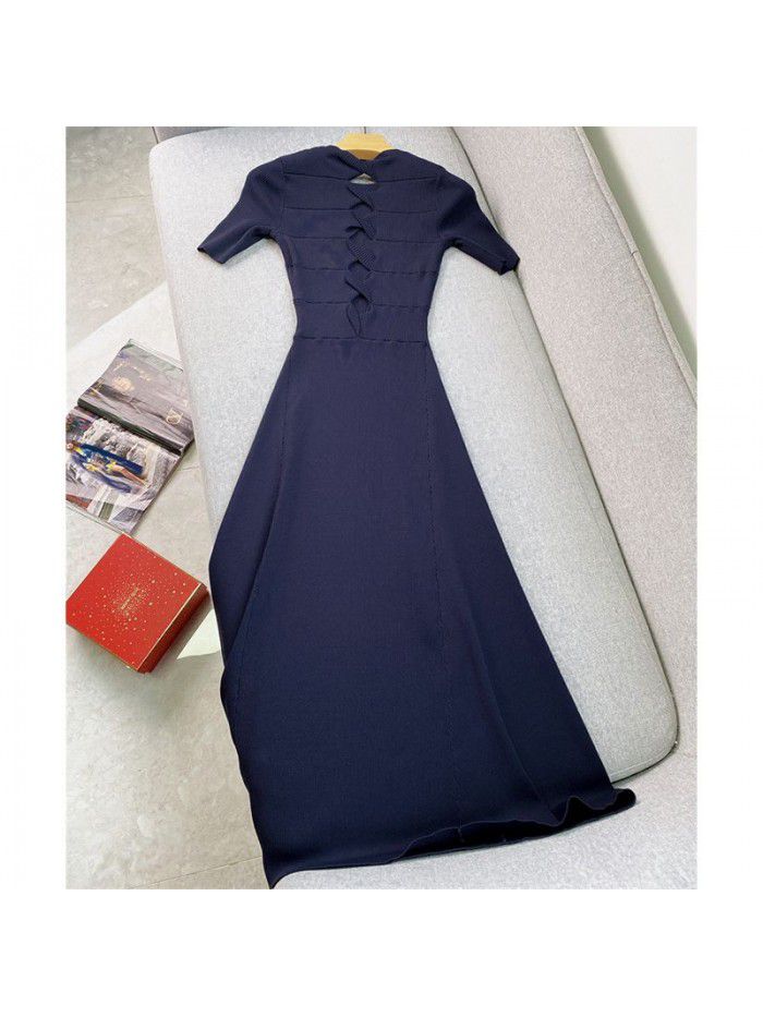 Spring/Summer New Open Back Mid length Knitted Dress Round Neck A-line Waist Waist Large Swing Long Dress 
