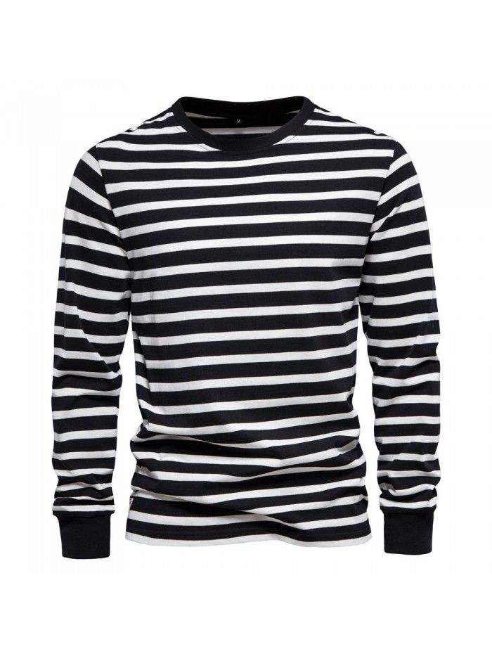 Spring New Casual Long Sleeve T-shirt Men's 100% Cotton Striped Top Round Neck Men's Pure Cotton Underlay Shirt 