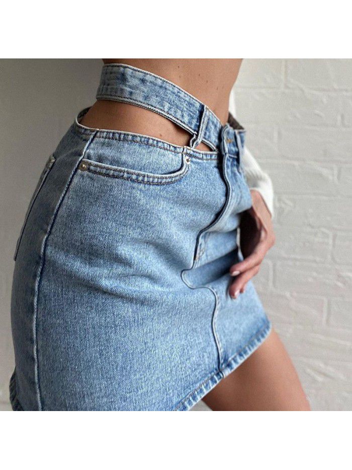 New Unilateral Hollow out Denim Skirt High Waist Slim Casual Wrapped Hip Denim Skirt Short Skirt for Women 